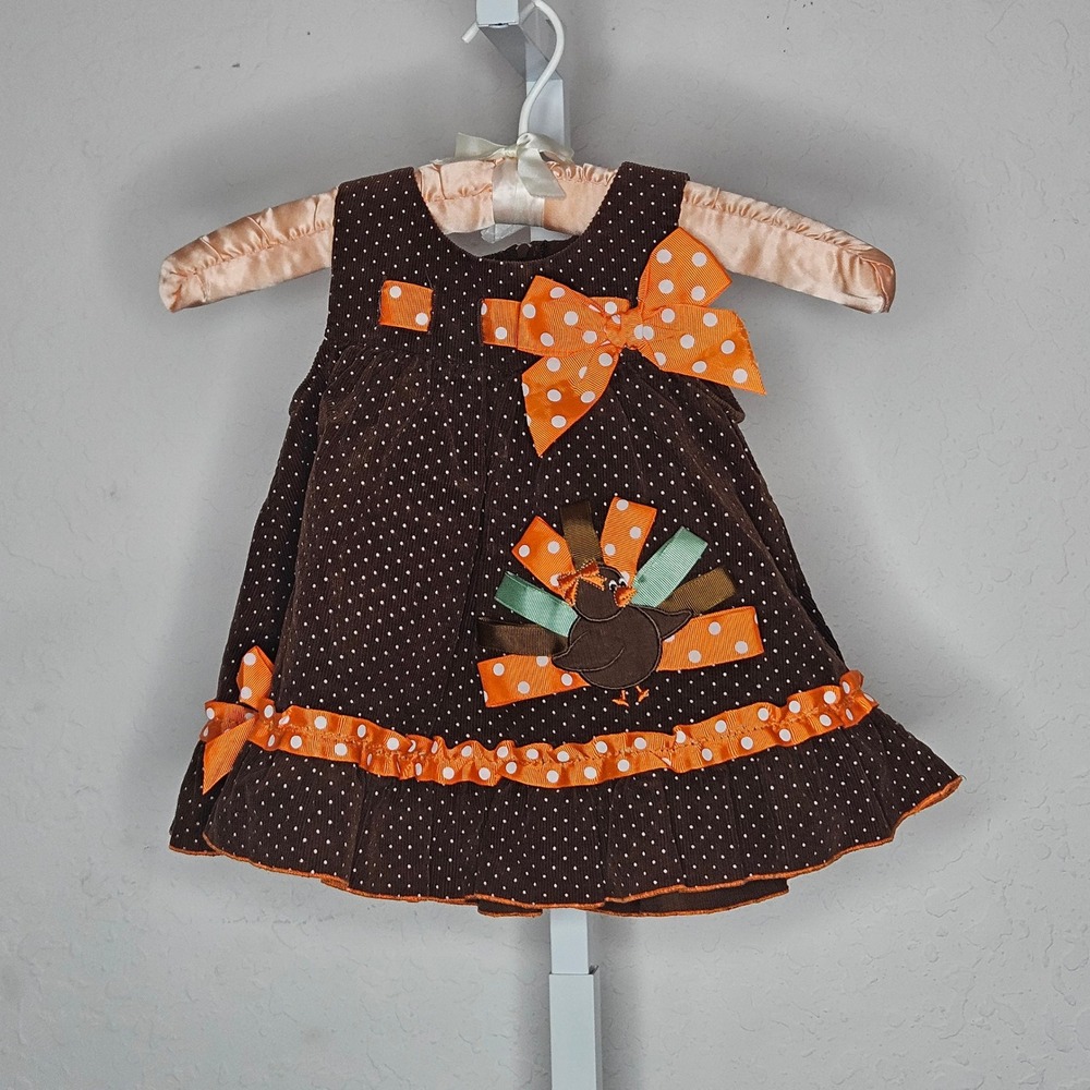 Bonnie Baby‎ Girls 12M Brown Cotton Corduroy Turkey Thanksgiving Polka Dot Dress